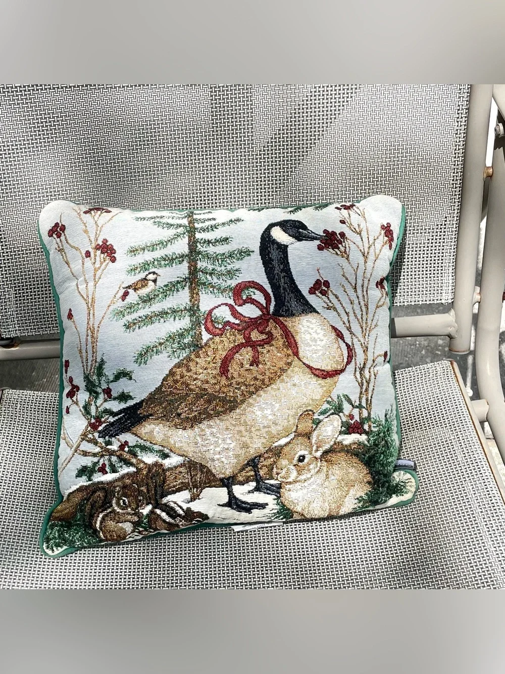 La France Christmas Tapestry Pillow - Made In USA -Canadian Goose-Bunny-Chipmunk